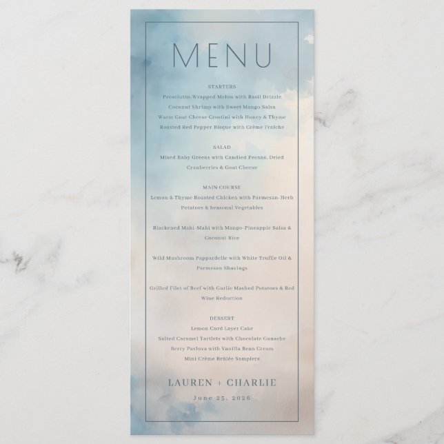 Elegant Blue Cloudy Sky Menu (Front)