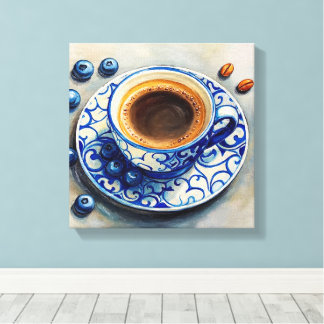 Elegant Blue Coffee Cup with Blueberries – Realist Canvas Print