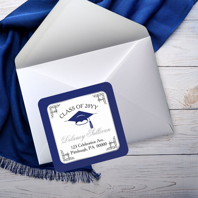 Elegant Blue College Graduation Return Address Square Sticker (Elegant Blue and Silver Tone  College | University Graduation Return Address Square Sticker)