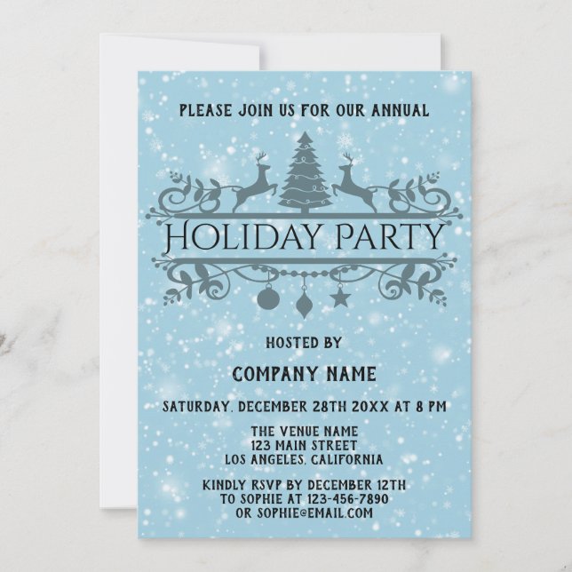 Elegant Blue Company Christmas Holiday Party Snow Invitation (Front)