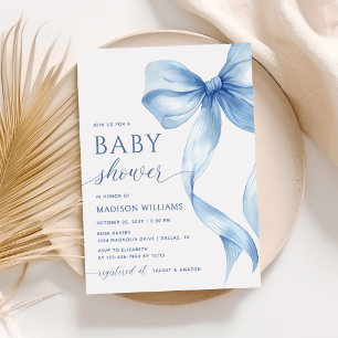 Elegant Blue Coquette Bow Baby Shower Invitation