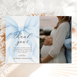 Elegant Blue Coquette Bow Girl Baby Shower Photo Thank You Card