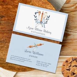 Elegant Blue Coquette Bow Utensils Bakery Business Card