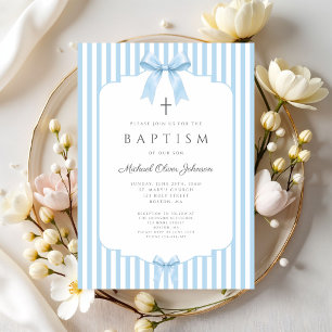 Elegant Blue Coquette Bows Boy Baptism Invitation