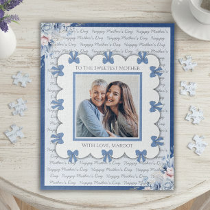 Elegant Blue Coquette Sweetest Mother’s Day Photo Jigsaw Puzzle