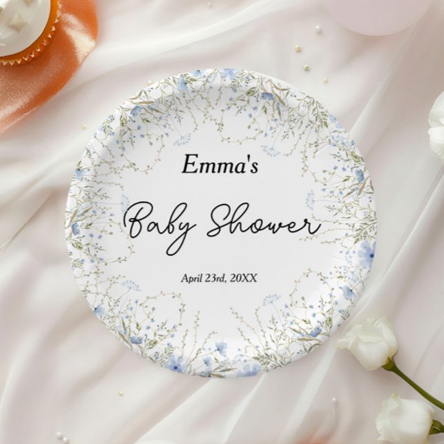 Elegant Blue Cornflower Wildflower Baby Shower Paper Plate (Creator Uploaded)