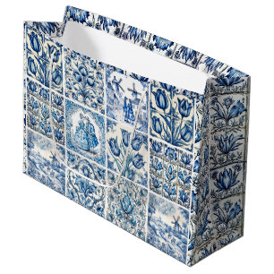 Elegant Blue Country Floral Damask Toile Large Gift Bag