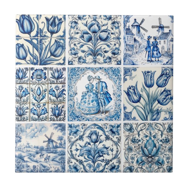 Elegant Blue country floral toile Tile (Front)