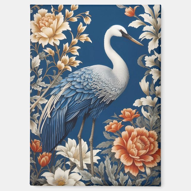 Elegant Blue Crane William Morris Inspired Magnet (Front)
