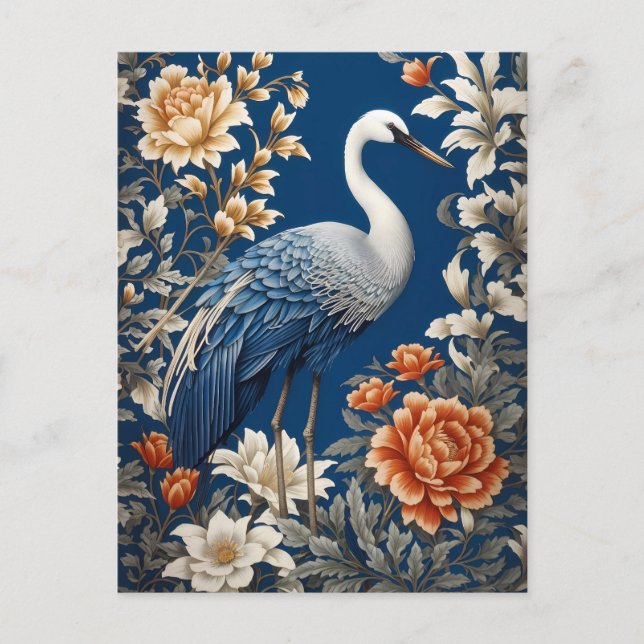 Elegant Blue Crane William Morris Inspired Postcard (Front)
