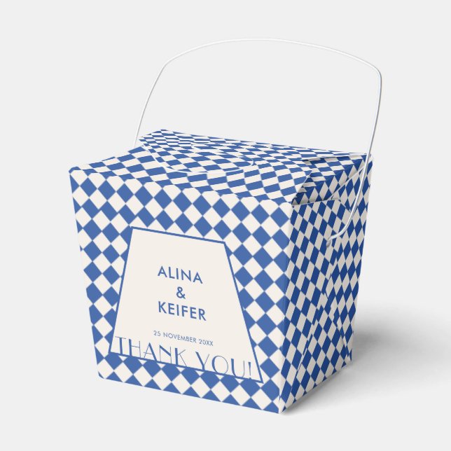 Elegant Blue & Cream Chequered Wedding  Favour Box (Front Side)
