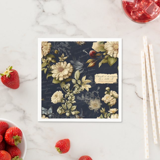 Elegant Blue Cream Floral Pattern Napkin (Insitu)