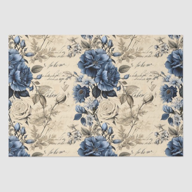 Elegant Blue Cream Floral Pattern Tissue Paper (Front)