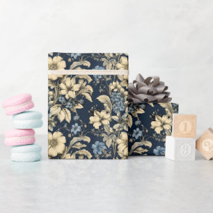 Elegant Blue Cream Floral Pattern Wrapping Paper