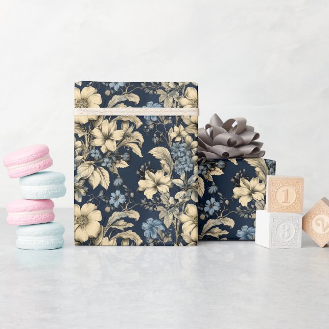 Elegant Blue Cream Floral Pattern Wrapping Paper (Baby Shower)