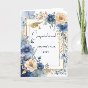 Elegant Blue Cream Floral Personalised Graduation Card