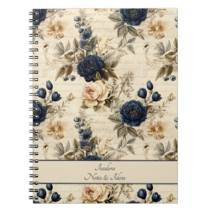 Elegant Blue Cream Roses Floral Pattern Notebook