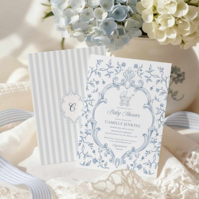 Elegant Blue Crest Baby Shower Invitation (Blue Toile Baby Shower Invitation)