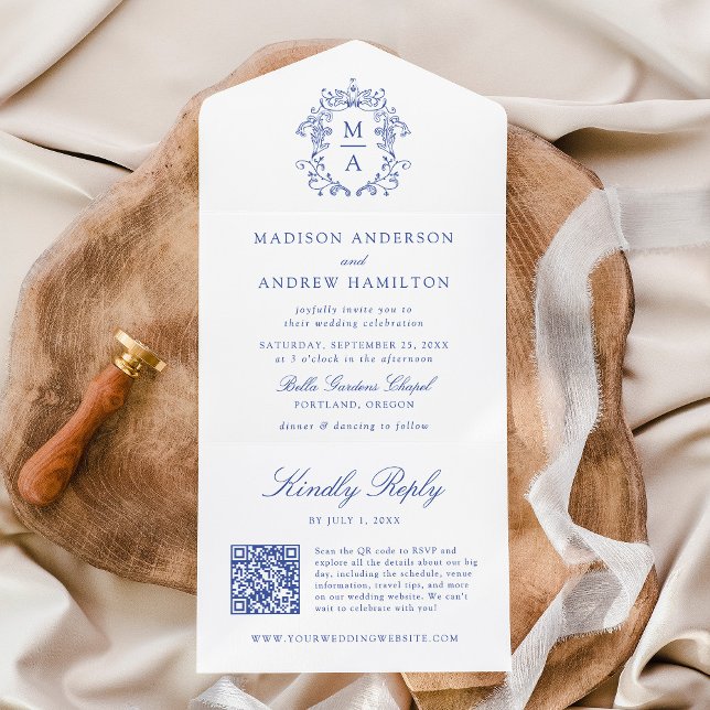 Elegant Blue Crest Chinoiserie Monogram Wedding All In One Invitation (Creator Uploaded)