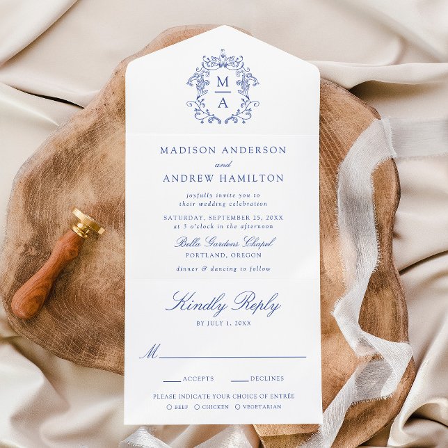 Elegant Blue Crest Chinoiserie Monogram Wedding All In One Invitation (Creator Uploaded)