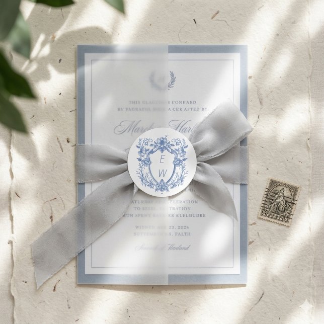 Elegant Blue Crest Monogram Wedding Classic Round Sticker (Creator Uploaded)