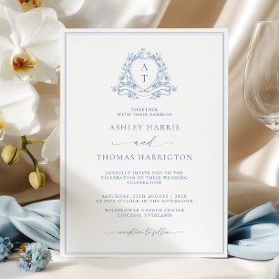 Elegant Blue Crest Monogram Wedding Invitation