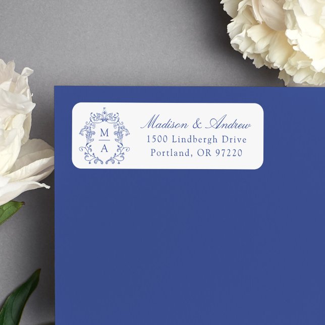 Elegant Blue Crest Monogram Wedding Return Address (Creator Uploaded)
