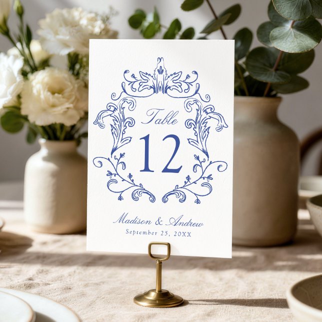 Elegant Blue Crest Wedding Table Number (Creator Uploaded)