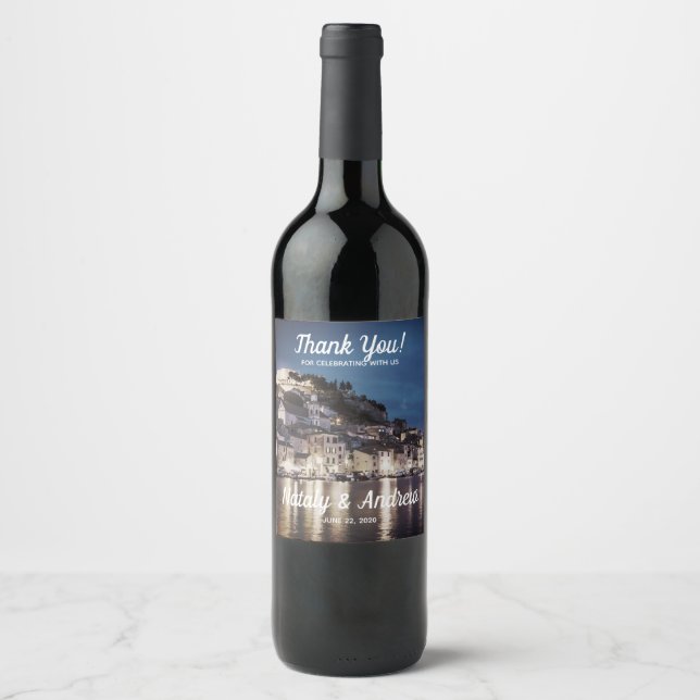 Elegant Blue Croatian town at night Wine Label (Front)