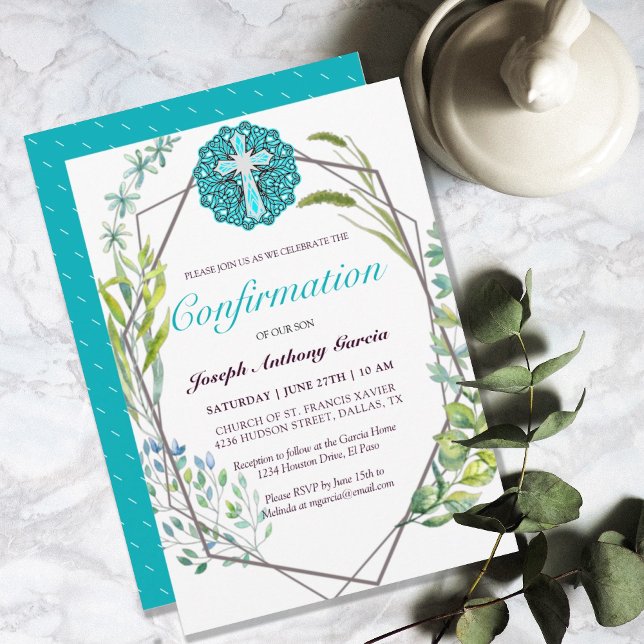 Elegant Blue Cross Botanical Floral Confirmation Invitation (ELEGANT BLUE CROSS BOTANICAL FLORAL CONFIRMATION INVITATION)