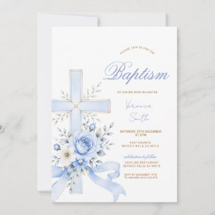 Elegant Blue Cross Flowers Religious Invitation