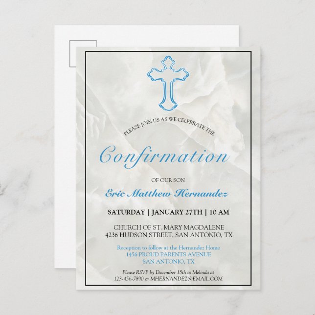 Elegant Blue Cross Marble Boys Confirmation Invitation Postcard (Front/Back)