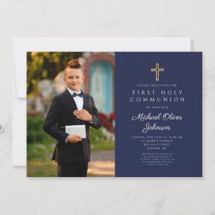 Elegant Blue Cross Photo Boy First Communion  Invitation