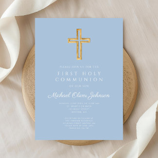 Elegant Blue Cross Religious Boy First Communion Invitation
