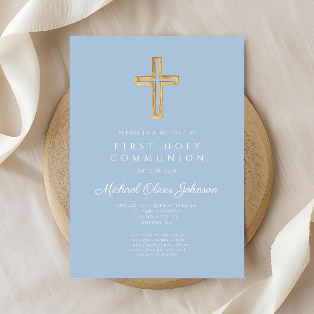 Elegant Blue Cross Religious Boy First Communion Invitation (Elegant Blue Cross Religious Boy First Communion Invitation)