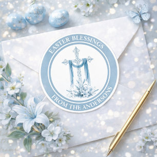 Elegant Blue Cross with Blue Cloth Classic Round Sticker