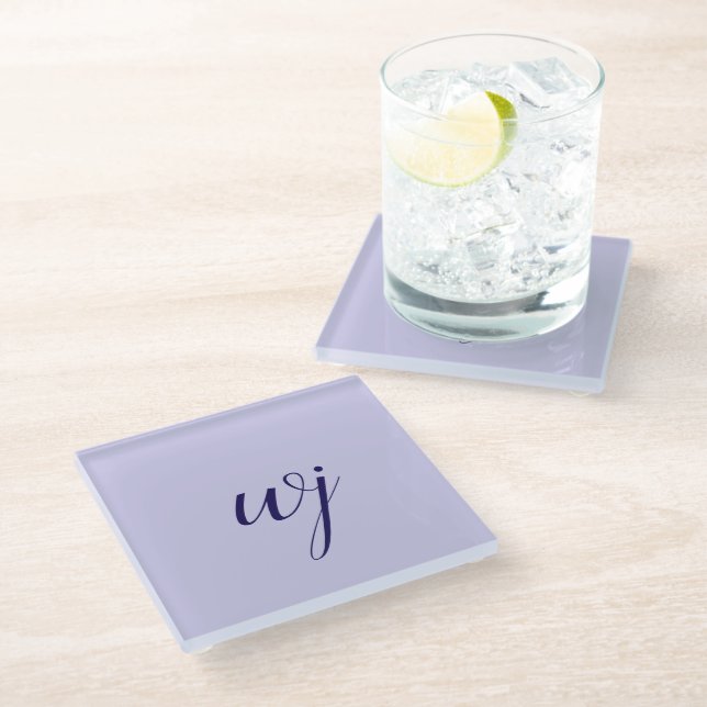 Elegant blue custom lettering initials glass coaster (Angled)