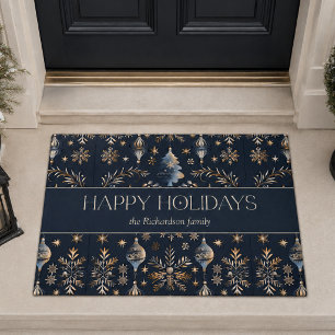 Elegant Blue Custom Name Holiday Doormat