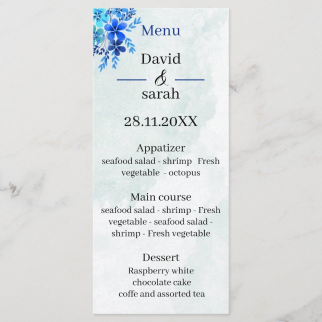 Elegant Blue Custom Wedding Menu (Front)