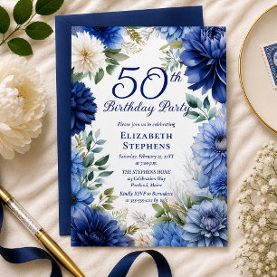 Elegant Blue Dahlia Floral 50th Birthday Party Invitation