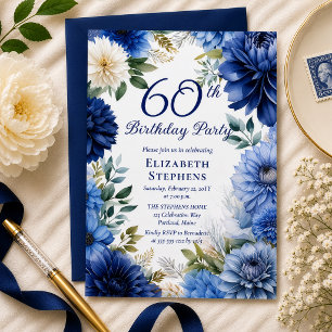 Elegant Blue Dahlia Floral 60th Birthday Party Invitation
