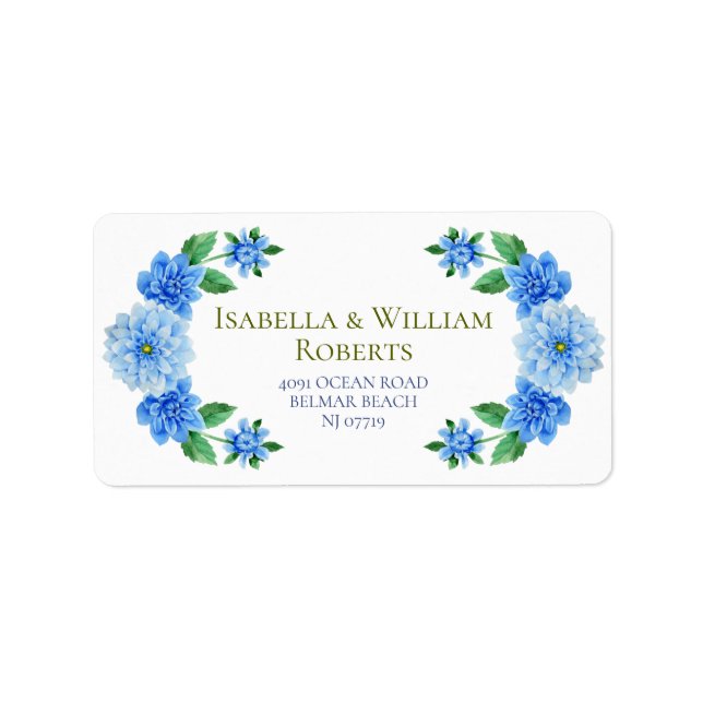 Elegant Blue Dahlia Wedding Address Label (Front)