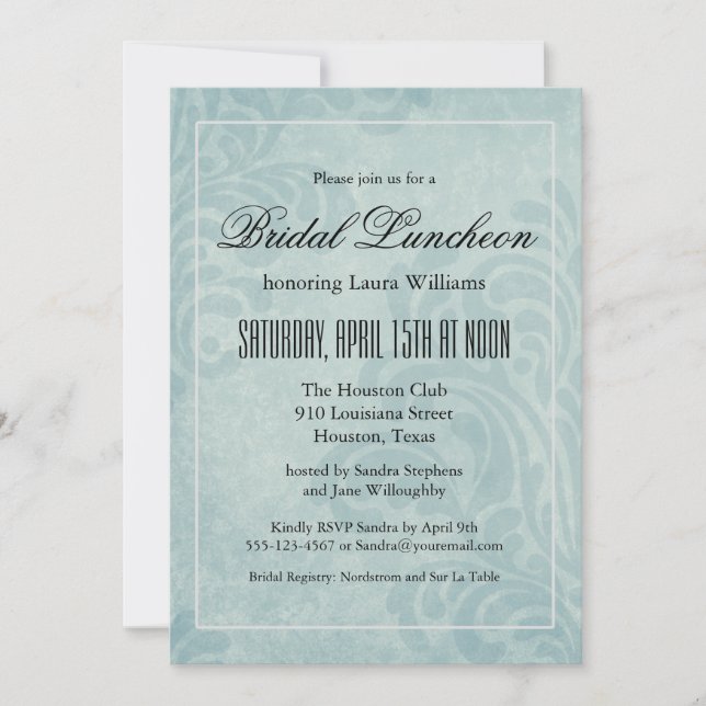 Elegant Blue Damask Bridal Luncheon Invitation (Front)