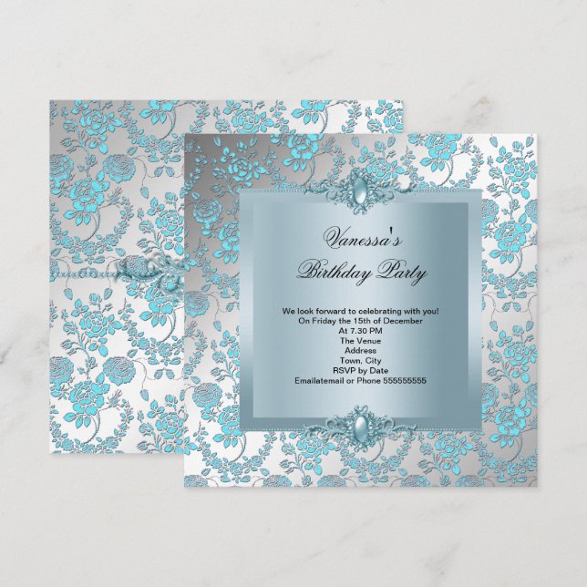 Elegant Blue Damask Floral Birthday Party Invitation (Front/Back)
