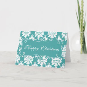 Elegant Blue Damask Happy Christmas Greeting Card