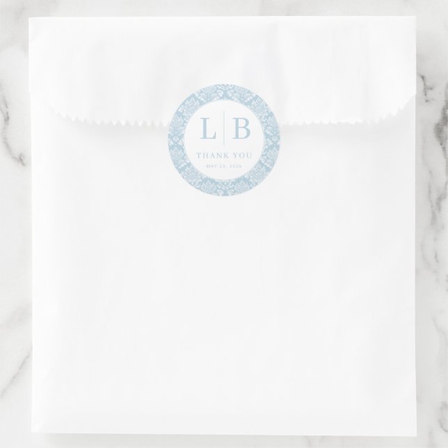 Elegant Blue Damask Initials Classic Round Sticker (Bag)