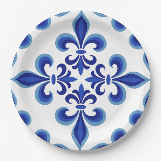 Elegant Blue Damask Luncheon Paper Plate