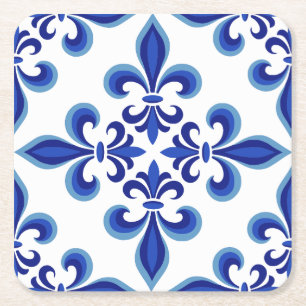 Elegant Blue Damask Luncheon  Square Paper Coaster