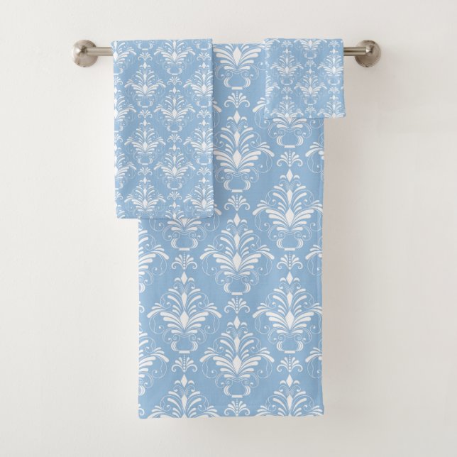 Elegant Blue Damask Pattern Bath Towel Set (Insitu)