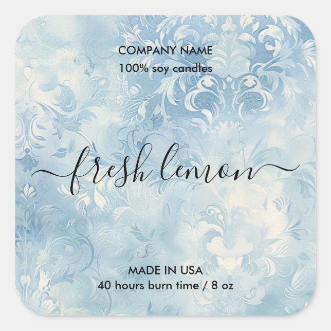 elegant blue damask rustic candle product label (Front)